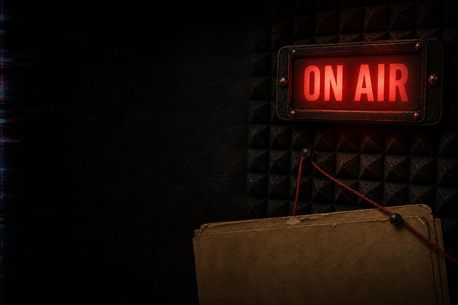 A vintage red ON AIR sign in a dark improvised broadcast room