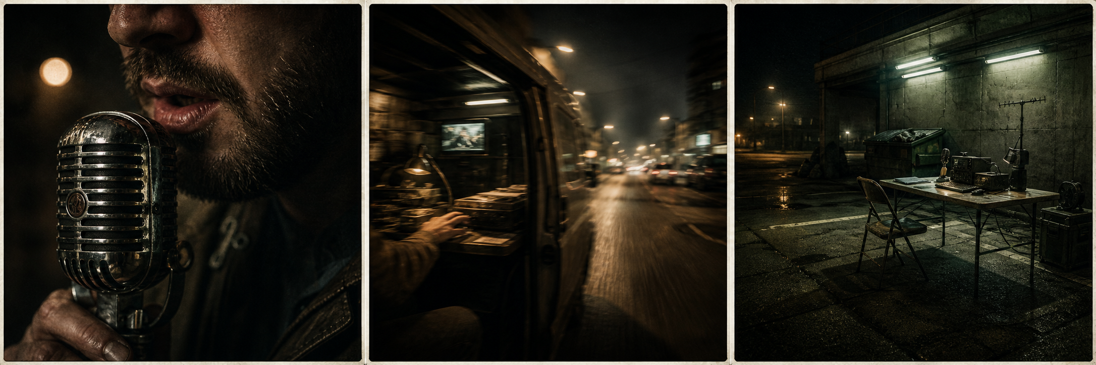 Three cinematic images showing a broadcaster, a rapid pull-back, and a night-time hideout